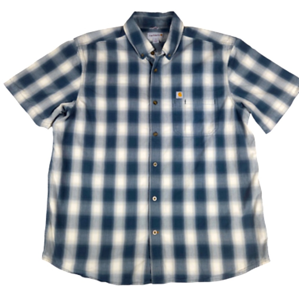 CARHARTT blue & white plaid cotton short sleeve button down shirt size XL
